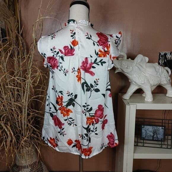 Old Navy Size Xs White Pink Red Floral Blouse Top Sheer Frill Rouched Stretchy - Picture 2 of 9